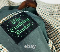 38L Unbranded USA Mens 1970s Vintage 2 Bttn Suit Green Brown Tattersall Pants 34