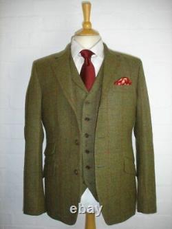 3 Piece Olive Green Men's Suit Tweed Plaid Prom Vintage Tuxedos Wedding Suits
