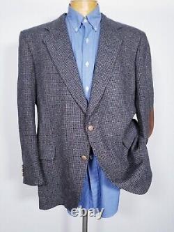 46R vintage Brown Blue hunting check Elbow wool tweed Jacket Blazer Sport Coat