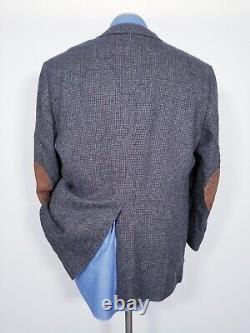 46R vintage Brown Blue hunting check Elbow wool tweed Jacket Blazer Sport Coat