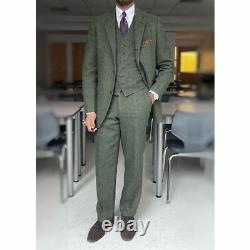 Army Green Vintage Men's Herringbone Suit Tweed 3 Pieces British Leisure Tuxedos