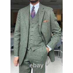 Army Green Vintage Men's Herringbone Suit Tweed 3 Pieces British Leisure Tuxedos