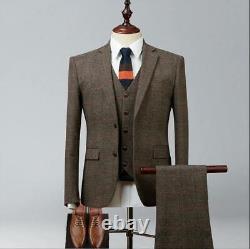 Brown Plaid Men 3 Piece Suit Vintage Tweed Check Party Prom Tuxedo Wedding Suit