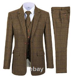 Brown Plaid Men 3 Pieces Suit Vintage Tweed Party Prom Groom Tuxedo Wedding Suit