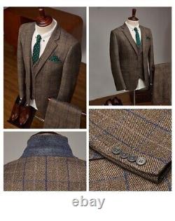 Brown Plaid Men Tweed Suit Vintage Party Prom Groom Tuxedo Wedding Suits Custom