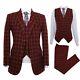 Burgundy Plaid Men Suit Tweed Vintage Check Retro Prom Groom Tuxedo Suit Custom