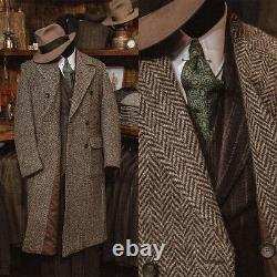 Business Men Suits Long Overcoat Herringbone Tweed Wool Blend Double Breasted