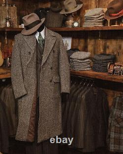 Business Men Suits Long Overcoat Herringbone Tweed Wool Blend Double Breasted