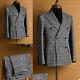 Business Men Suits Slim Fit Houndstooth Coat Peak Lapel Blazer Double Breasted