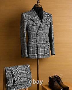 Business Men Suits Slim Fit Houndstooth Coat Peak Lapel Blazer Double Breasted