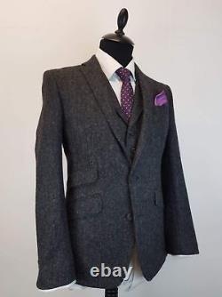 Charcoal Gray Vintage Tweed Herringbone Wool Blend Tailored Men Suit 3 Pieces