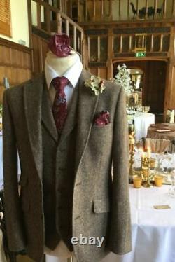 Classic Brown Men Tweed Suit Vintage 3 Pieces Prom Groom Tuxedo Wedding Suits