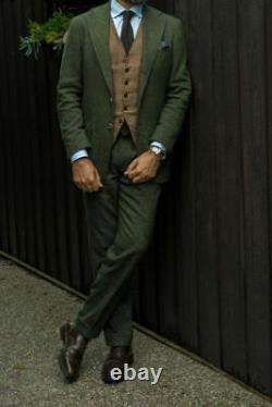Dark Green Men 3 Piece Tweed Suit Vintage Prom Groom Tuxedo Wedding Suit Custom