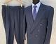 Double Breasted Flannel Suit 42r 34x29 Peak Lapel Navy Gingham Check Vtg 90s