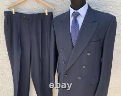 Double Breasted Flannel Suit 42R 34x29 Peak Lapel Navy Gingham Check Vtg 90s