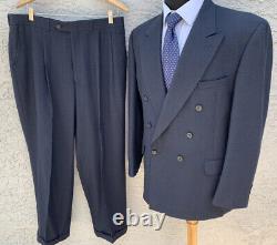 Double Breasted Flannel Suit 42R 34x29 Peak Lapel Navy Gingham Check Vtg 90s
