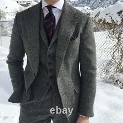 Gray Men Suit Herringbone Tweed Vintage Check Retro Prom Tuxedo Wedding 3 Piece