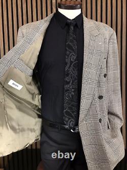 Hugo Boss WOOL SILK 44 R Glen Check Plaid Double Breasted vtg Blazer Jacket