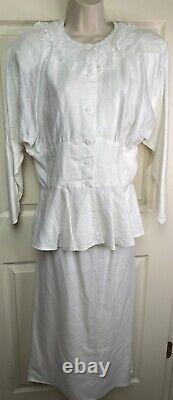 Jessica McClintock White Linen Skirt Jacket Suit Vintage shoulder pads peplum