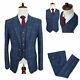 Men Blue Plaid Vintage Tweed Check Retro Party Prom Groom Tuxedo Wedding Suit