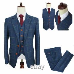 Men Blue Plaid Vintage Tweed Check Retro Party Prom Groom Tuxedo Wedding Suit