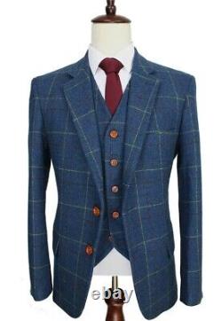 Men Blue Plaid Vintage Tweed Check Retro Party Prom Groom Tuxedo Wedding Suit