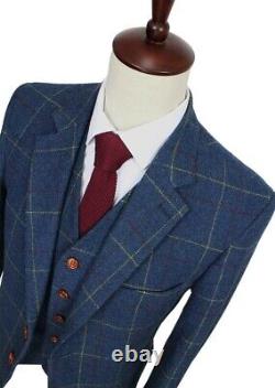 Men Blue Plaid Vintage Tweed Check Retro Party Prom Groom Tuxedo Wedding Suit