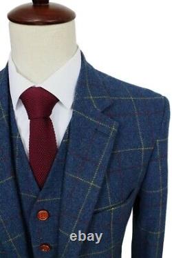 Men Blue Plaid Vintage Tweed Check Retro Party Prom Groom Tuxedo Wedding Suit