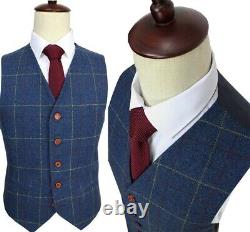 Men Blue Plaid Vintage Tweed Check Retro Party Prom Groom Tuxedo Wedding Suit