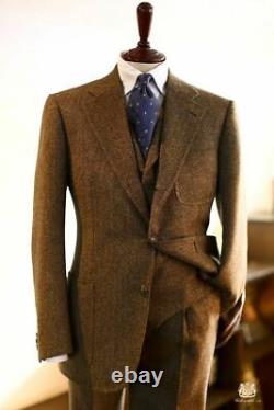 Men Brown Tweed Herringbone Vintage Check Tan Groom Prom Tuxedo 3 Piece Suit