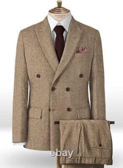 Men Suit Brown Herringbone Tweed Vintage Check Retro Prom Groom Tuxedo Wedding