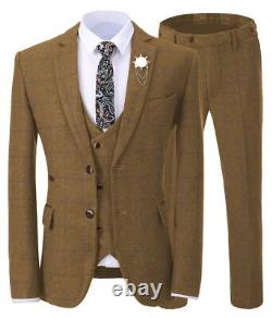 Men Suit Brown Plaid Tweed Vintage Luxury Party Prom Groom Wedding Tuxedo Custom