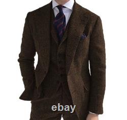 Men Suit Brown Wool Herringbone Tweed Vintage Check Prom Party Groom Tuxedo Suit