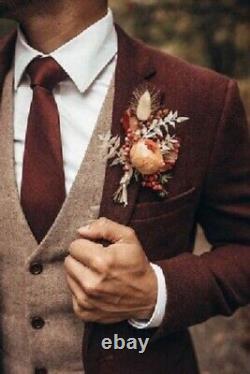 Men Suit Burgundy Tweed Vintage Luxury Party Groom Tuxedo Wedding Prom Suit