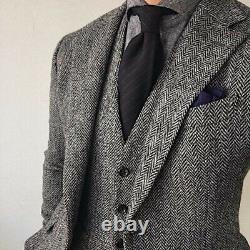 Men Suit Gray Herringbone Tweed Vintage Check Prom Groom Tuxedo Wedding Suit