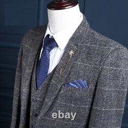Men Suit Gray Plaid Tweed Vintage Check Retro Prom Groom Tuxedo Wedding Suit