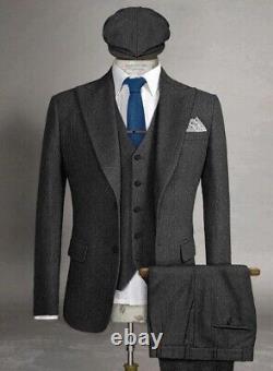 Men Suit Gray Tweed Vintage Retro Party Prom Groom Tuxedo Wedding Suit Custom