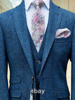 Men Suit Navy Blue Tweed Herringbone Vintage Check Prom Tuxedo Wedding Suit