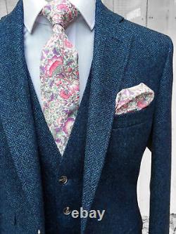 Men Suit Navy Blue Tweed Herringbone Vintage Check Prom Tuxedo Wedding Suit