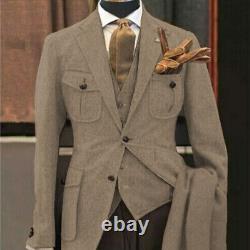 Men's Tweed Herringbone Suit Vintage Safari Jacket Slim Fit Blazer Wedding Groom