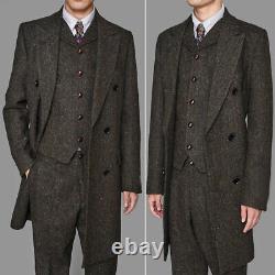 Men's Vintage Coffee Suits Herringbone Long Vested Suits 3Pcs