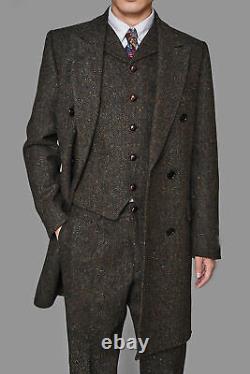 Men's Vintage Coffee Suits Herringbone Long Vested Suits 3Pcs