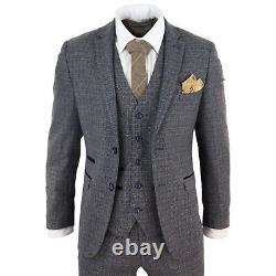 Mens 3 Piece Suit Tweed Check Vintage Retro Tailored Fit 1920s