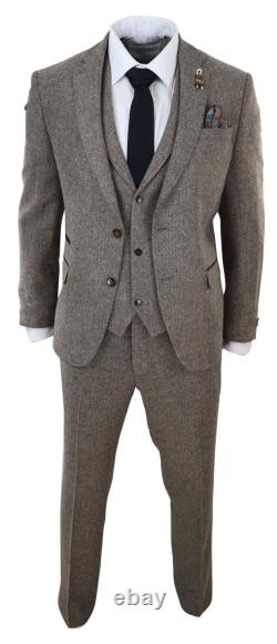 Mens 3 Piece Tweed Suit Herringbone Wool Vintage Retro Peaky Blinders 1920s