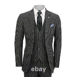 Mens Black Pinstripe 3 Piece Suit White Stripe Vintage Gatsby Style Tailored Fit