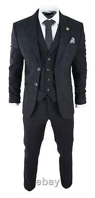 Mens Black Tweed 3 Piece Suit Check Vintage 1920s Gatsby Blinders Tailored Fit