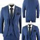 Mens Blue 3 Piece Tweed Suit Herringbone Wool Vintage Retro Peaky Blinders Fit