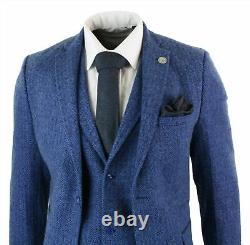 Mens Blue 3 Piece Tweed Suit Herringbone Wool Vintage Retro Peaky Blinders Fit