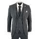 Mens Grey Black 3 Piece Tweed Suit Herringbone Wool Vintage Retro