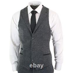 Mens Grey Black 3 Piece Tweed Suit Herringbone Wool Vintage Retro